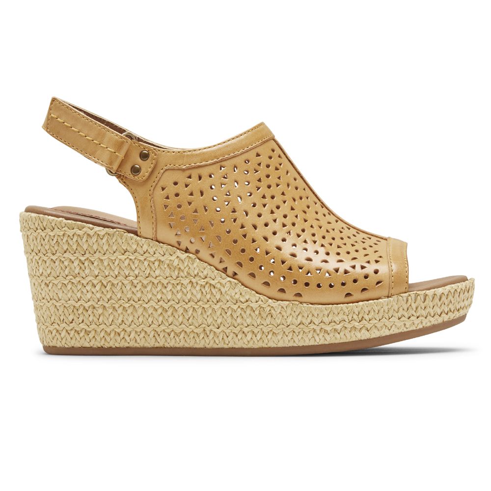 Rockport Women's Cobb Hill Erika Perforated Wedges Sandals - Yellow - USA (7526QBFMG)